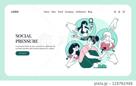 Psychology Of Self Acceptance concept. Person surrounded by social pressure, feeling insecure while others engage confidently online. Coping with judgment, digital influence, mental health struggle 128762488