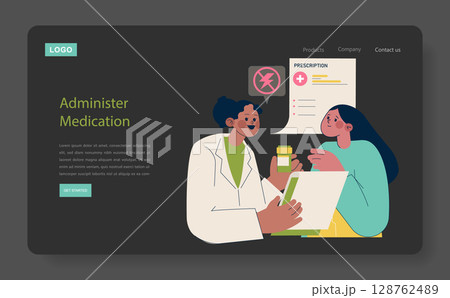 Vector illustration of a healthcare professional explaining medication instructions to a patient. Includes a prescription symbol, emphasizing medical consultation and advice. 128762489