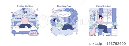 Vector illustration depicting a sleep cycle. Includes guided breathing before sleep, deep sleep REM phase, and a morning stretch. Ideal for health and wellness content. 128762490
