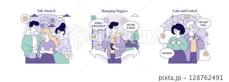Vector illustration depicts mental health support, digital balance, and calming techniques. Shows people talking, managing triggers, and expressing calm and control with smartphones. 128762491