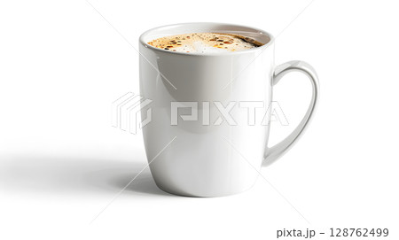 A realistic isolated coffee cup with soft shadow on a clean white background. Perfect for graphic design, mockups, and product presentations. 128762499