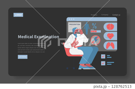Doctor in lab coat analyzing medical data on a digital interface screen, with visuals of heart, brain, and other health metrics surrounding the display. Vector illustration. Doctor in lab coat analyzing medical data on a digital interface screen, with visuals of heart, brain, and other health metrics surrounding the display. Vector illustration. 128762513