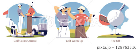 Dynamic vector illustration featuring golfers arriving at a course, warming up, and taking a shot. The image captures the essence of golfing activities with vibrant colors. Dynamic vector illustration featuring golfers arriving at a course, warming up, and taking a shot. The image captures the essence of golfing activities with vibrant colors. 128762516