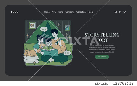 Family reading time with Dad and children enjoying a book together in a cozy blanket fort, illustrated in a modern style. Family reading time with Dad and children enjoying a book together in a cozy blanket fort, illustrated in a modern style. 128762518