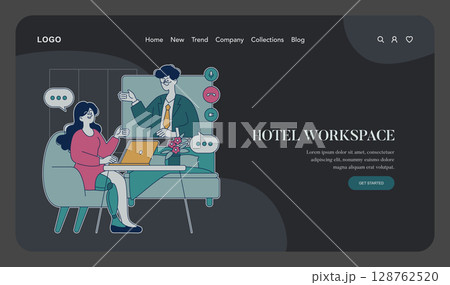 Business travel in a hotel workspace setting. Professionals engage in discussions while utilizing technology. A modern atmosphere supports collaboration and productivity on the go. Vector illustration 128762520
