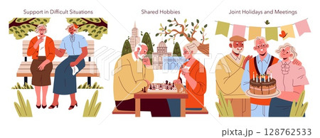Vector illustration depicting three scenes of elderly friendships. One shows emotional support on a bench, another displays chess as a shared hobby, and the last features a joyful birthday celebration 128762533