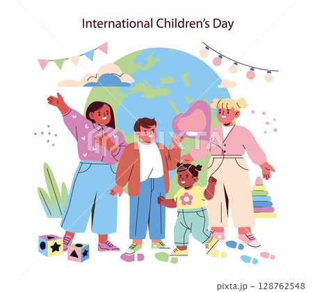 Vector illustration of a diverse group of people, including adults and children, celebrating International Children's Day with smiles and joy, featuring playful decorations and a globe backdrop. Vector illustration of a diverse group of people, including adults and children, celebrating International Children's Day with smiles and joy, featuring playful decorations and a globe backdrop. 128762548