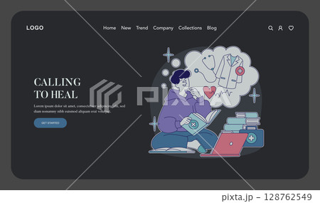 Journey of a healthcare hero embracing the calling to heal. A person studies with inspiration through books, symbolizing dedication and aspiration in the medical field. Vector illustration. 128762549