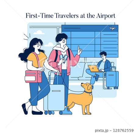 Travelers navigating the airport experience for the first time. A cheerful couple explores, checks tickets, and interacts, accompanied by a friendly dog. Comfortable lounge atmosphere. Vector Travelers navigating the airport experience for the first time. A cheerful couple explores, checks tickets, and interacts, accompanied by a friendly dog. Comfortable lounge atmosphere. Vector 128762559