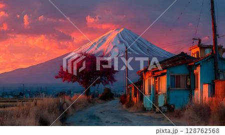 Aerial view of Mount Fuji with snow-covered peak and surrounding clouds. Ideal for concepts like nature, travel, landscape, and iconic destinations. 128762568