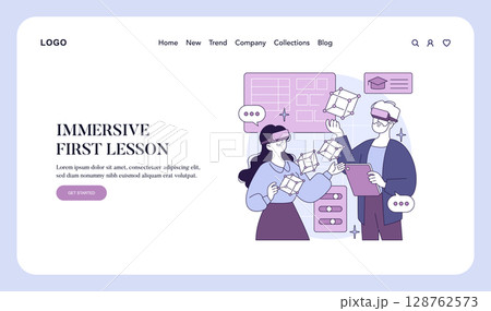 Vector illustration of two people using virtual reality headsets to learn. The scene depicts them interacting with digital elements, showcasing an immersive educational experience. Vector illustration of two people using virtual reality headsets to learn. The scene depicts them interacting with digital elements, showcasing an immersive educational experience. 128762573