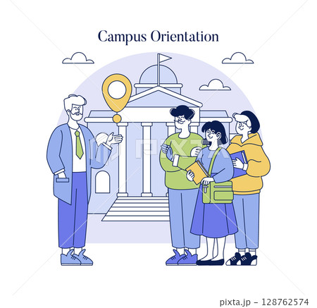 Vector illustration of a teacher guiding students during a campus orientation outside a university building. The students appear attentive, holding books and taking notes. Vector illustration of a teacher guiding students during a campus orientation outside a university building. The students appear attentive, holding books and taking notes. 128762574