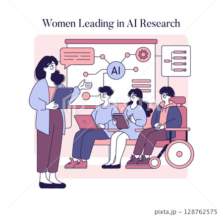 Women are actively engaged in AI research, collaborating as leaders and innovators. This illustration highlights teamwork in a tech-driven environment focused on inclusivity and advancement in 128762575