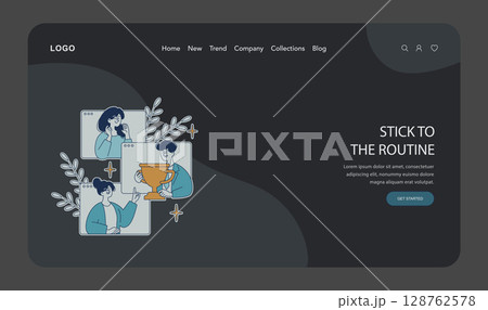 Vector illustration on a website showcasing teamwork and routine. Includes people celebrating success, communicating on a call, and giving a thumbs up, emphasizing collaboration. 128762578