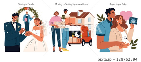 This vector illustration set depicts life stages: a couple exchanging wedding rings, people carrying boxes for moving house, and a couple joyfully holding an ultrasound image of a baby. 128762594