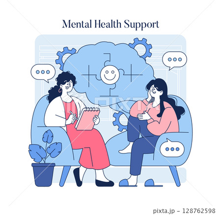 Mental health support scene featuring a healthcare professional engaged in a conversation with a client. The setting promotes well-being, communication, and understanding in therapy sessions. Vector Mental health support scene featuring a healthcare professional engaged in a conversation with a client. The setting promotes well-being, communication, and understanding in therapy sessions. Vector 128762598