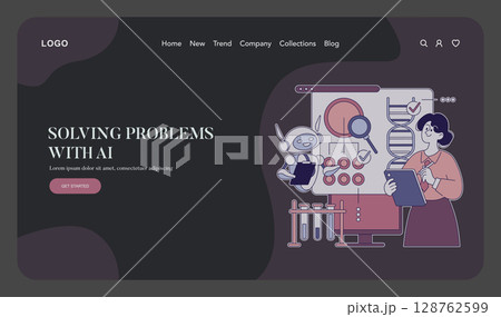 Women engage in artificial intelligence problem-solving, showcasing a blend of technology and collaboration. The illustration highlights modern solutions in research and development within AI. Vector 128762599
