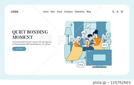 Cozy vector illustration of a family enjoying a quiet night in, bonding over snacks and watching TV. Displaying warm, nurturing family interaction with happy expressions. 128762603