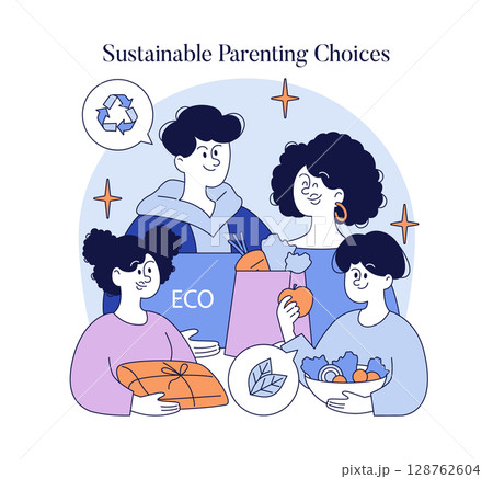 Vector illustration of a family engaged in a lively discussion about sustainable parenting. Eco-friendly gifts and bags are featured, emphasizing environmental consciousness and family togetherness. Vector illustration of a family engaged in a lively discussion about sustainable parenting. Eco-friendly gifts and bags are featured, emphasizing environmental consciousness and family togetherness. 128762604