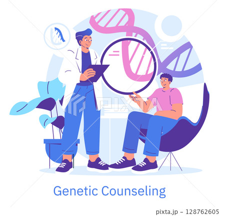 Vector illustration showcasing a genetic counseling session with a professional explaining DNA concepts to a client. The image highlights healthcare and genetic education themes. Vector illustration showcasing a genetic counseling session with a professional explaining DNA concepts to a client. The image highlights healthcare and genetic education themes. 128762605