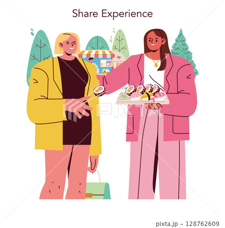 Vector illustration of two people sharing sushi at an outdoor food market. Smiling, friendly interaction with trees and food stalls in the background, highlighting enjoyment. 128762609