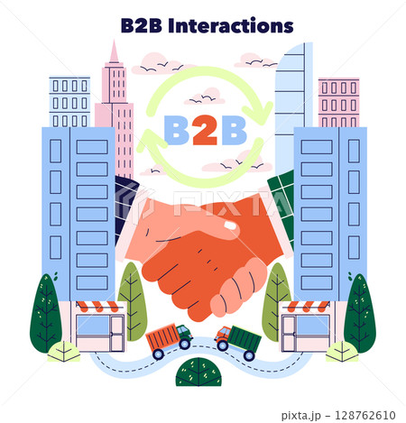 Vector illustration of a B2B interaction depicted by a handshake amidst an urban landscape. The illustration highlights the concept of business cooperation between companies. 128762610