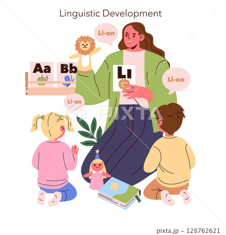 Vector illustration depicts a teacher holding a lion puppet and card, engaging two children in a playful linguistic development activity, emphasizing language learning and interaction. 128762621