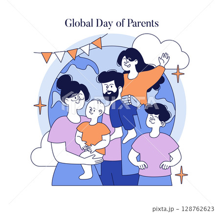 Vector illustration of a joyful family celebrating Global Day of Parents. Shows happy parents and children with affectionate expressions, set against a globe background with festive decor. 128762623