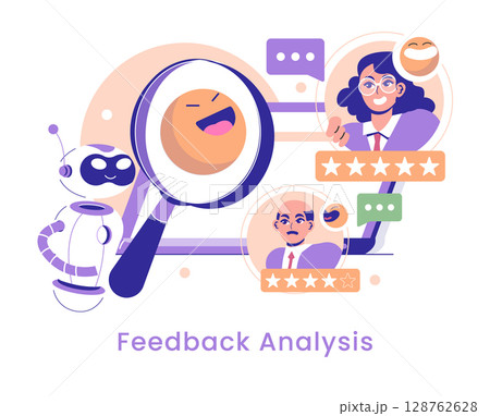 AI in marketing drives feedback analysis through visual insights. Enhanced with user emotions and robot assistance, it transforms data into valuable customer interaction insights. Vector illustration. AI in marketing drives feedback analysis through visual insights. Enhanced with user emotions and robot assistance, it transforms data into valuable customer interaction insights. Vector illustration. 128762628