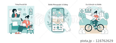 Vector illustration set depicting three scenes: virtual communication while relaxing, creating mobile content, and practicing eco-friendly habits through mobile. Each character engaged in activities 128762629