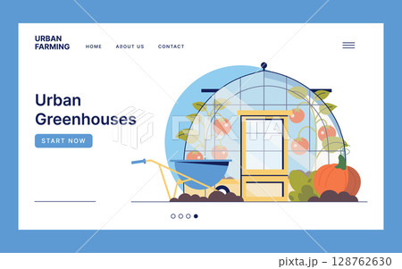 Vector illustration depicting urban gardening with a greenhouse surrounded by plants and vegetables. The design features a web page layout promoting urban farming and sustainability. 128762630