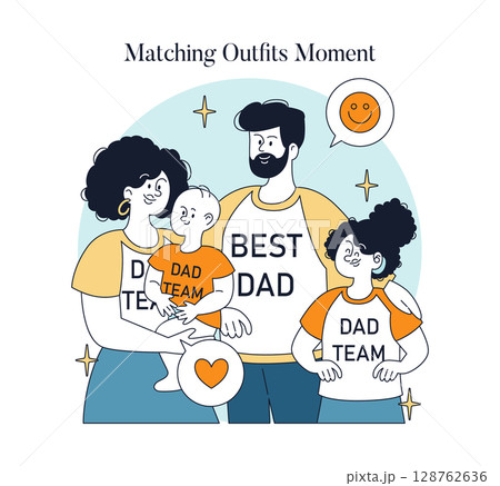 Vector illustration of a happy family wearing matching outfits labeled "Best Dad" and "Dad Team." The family is smiling and embracing, depicting a joyful and loving moment. 128762636