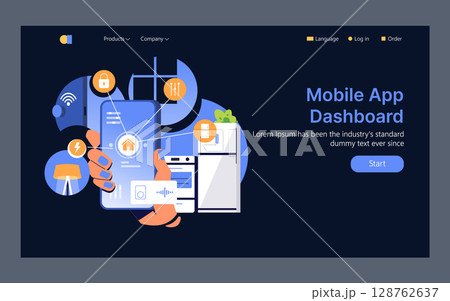 Mobile app dashboard vector illustration with a hand holding a smartphone. Features smart home connectivity and control icons, including security, power, and appliances. 128762637