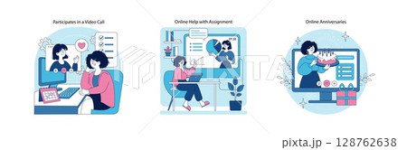 Vector illustration depicting three scenes: a person in a video call with enthusiastic expressions, another receiving online help for an assignment, and a cheerful online anniversary celebration. 128762638