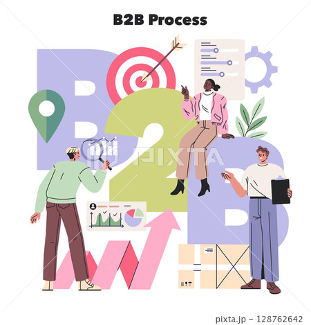 Vector illustration of a B2B process featuring diverse colleagues engaged in analyzing data, depicting teamwork and business growth concepts. Includes charts and documents as visual elements. Vector illustration of a B2B process featuring diverse colleagues engaged in analyzing data, depicting teamwork and business growth concepts. Includes charts and documents as visual elements. 128762642
