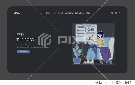 Digital well-being and mental health take center stage in this illustration. A person engages with data-driven insights while relaxing at home. The scene reflects mindfulness, balance, and self 128762644