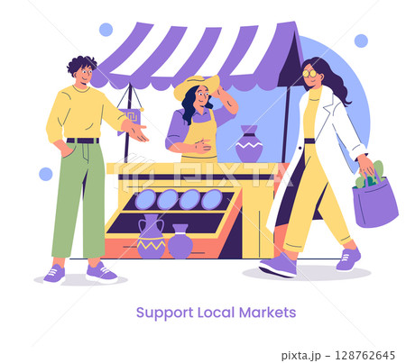 Vector illustration of a vibrant local market scene. A cheerful vendor interacts with a satisfied customer carrying a bag of fresh goods. Another person is enjoying the lively atmosphere. 128762645
