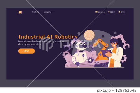 AI in industrial settings enhances manufacturing efficiency and automation. The illustration shows a robotic arm and a friendly engineer engaging in a high-tech environment. It represents innovation AI in industrial settings enhances manufacturing efficiency and automation. The illustration shows a robotic arm and a friendly engineer engaging in a high-tech environment. It represents innovation 128762648