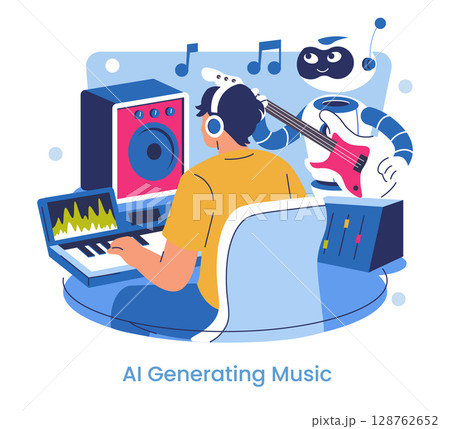 Vector illustration of a man creating music with AI assistance, featuring a robot playing guitar. Depicts innovative collaboration between humans and artificial intelligence in music production. Vector illustration of a man creating music with AI assistance, featuring a robot playing guitar. Depicts innovative collaboration between humans and artificial intelligence in music production. 128762652