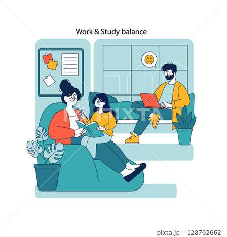 Family managing work and study from home with ease, featuring a mother and daughter reading and a father using a laptop. 128762662