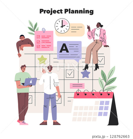 Vector illustration of a diverse team collaboratively planning a project. Illustrated elements include notes, a calendar, and a clock, with team members engaging in discussion around a board. Vector illustration of a diverse team collaboratively planning a project. Illustrated elements include notes, a calendar, and a clock, with team members engaging in discussion around a board. 128762663