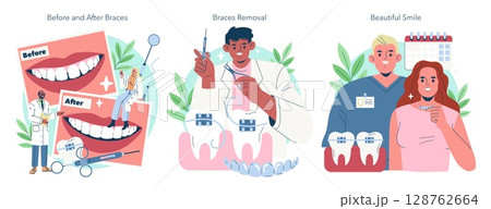 Vector illustration depicting the dental transformation process with before and after braces photos. A dentist removing braces, showing improved smiles and dental health outcomes. 128762664