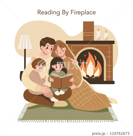 Vector illustration of an idyllic family scene with parents and children reading a book by the fireplace. The mood is warm and cozy, emphasizing family bonding and relaxation. Vector illustration of an idyllic family scene with parents and children reading a book by the fireplace. The mood is warm and cozy, emphasizing family bonding and relaxation. 128762673