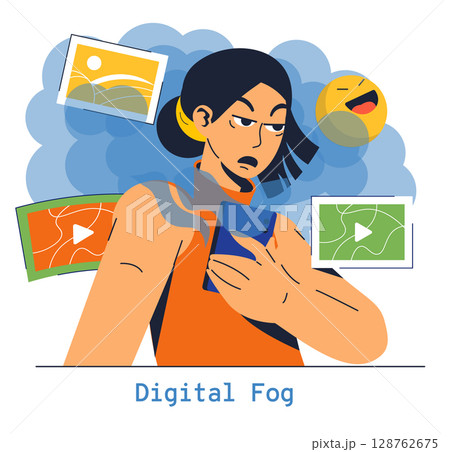 Digital Fog concept. An individual struggles with overwhelming digital content, facing frustration and distraction. The illustration highlights the impact of excessive screen time and information Digital Fog concept. An individual struggles with overwhelming digital content, facing frustration and distraction. The illustration highlights the impact of excessive screen time and information 128762675