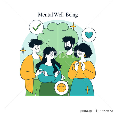 Vector illustration of a supportive group focusing on mental well-being. Four people engage in positive interaction with smiling and comforting gestures, promoting mental health awareness. Vector illustration of a supportive group focusing on mental well-being. Four people engage in positive interaction with smiling and comforting gestures, promoting mental health awareness. 128762678