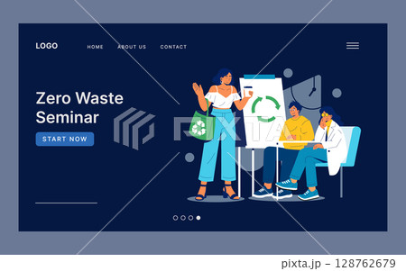 Vector illustration depicting a zero waste seminar where a person with a recycling bag presents to an attentive audience, showcasing sustainability concepts with a focus on reducing waste. 128762679