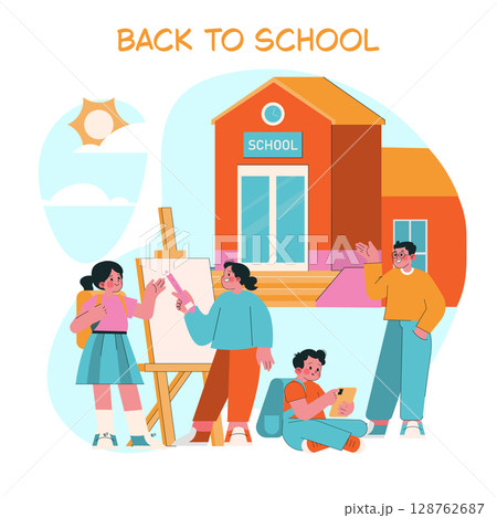 Students engaging in a positive outdoor school activity. A group is seen drawing, sharing, and interacting in front of a school building. Vector illustration emphasizes learning. Students engaging in a positive outdoor school activity. A group is seen drawing, sharing, and interacting in front of a school building. Vector illustration emphasizes learning. 128762687