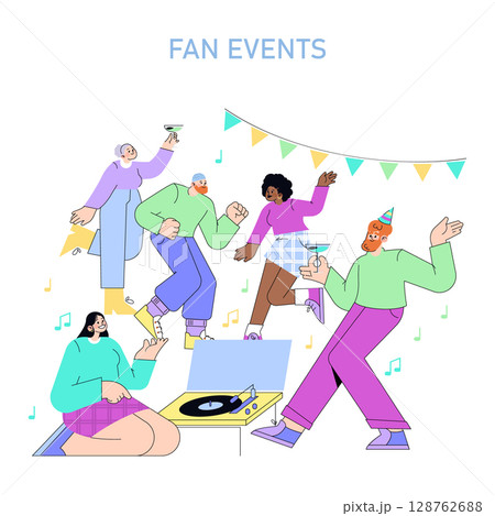 Vector illustration showcasing a lively group of people dancing and celebrating at a music event. Festive atmosphere with colorful outfits and happy expressions enhanced by a record player. Vector illustration showcasing a lively group of people dancing and celebrating at a music event. Festive atmosphere with colorful outfits and happy expressions enhanced by a record player. 128762688