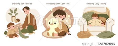 Vector illustration of children exploring soft textures, interacting with light toys, and enjoying comfortable seating. Characters display curiosity, playfulness, and relaxation. Vector illustration of children exploring soft textures, interacting with light toys, and enjoying comfortable seating. Characters display curiosity, playfulness, and relaxation. 128762693