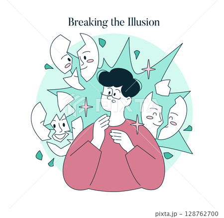 Psychology Of Self Acceptance concept. Person breaking false masks and revealing true self. Growth and overcoming self doubt. Self-awareness and embracing authenticity. Vector illustration. 128762700